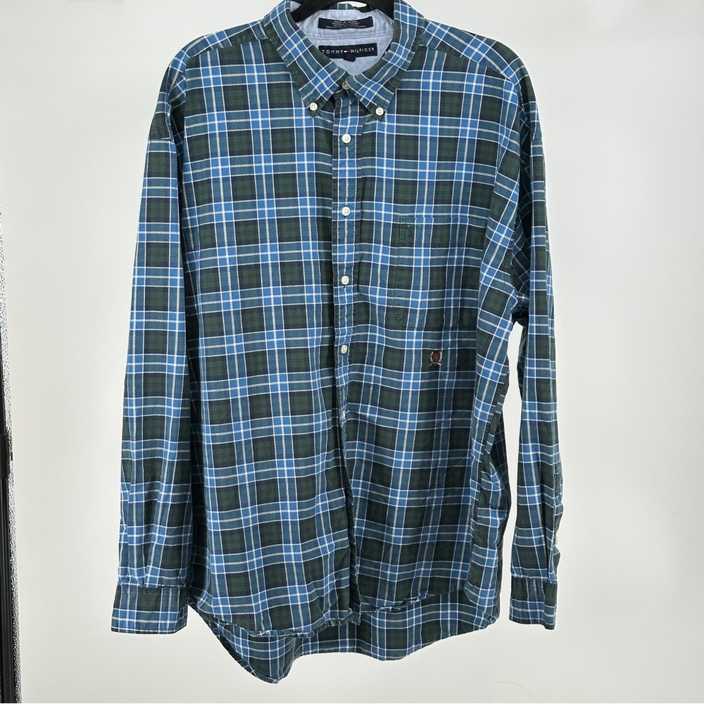 Vintage Men’s XXL Tommy Hilfiger Blue and Green Plaid Button-Down Shirt Cotton
